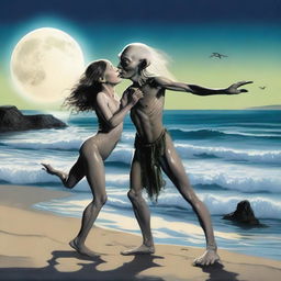 A whimsical and detailed image of Gollum from The Lord of the Rings dancing with a glamorous drag queen by the seaside under the moonlight