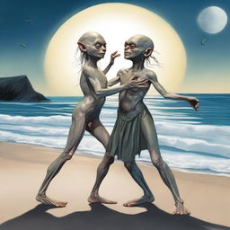 A whimsical and detailed image of Gollum from The Lord of the Rings dancing with a glamorous drag queen by the seaside under the moonlight