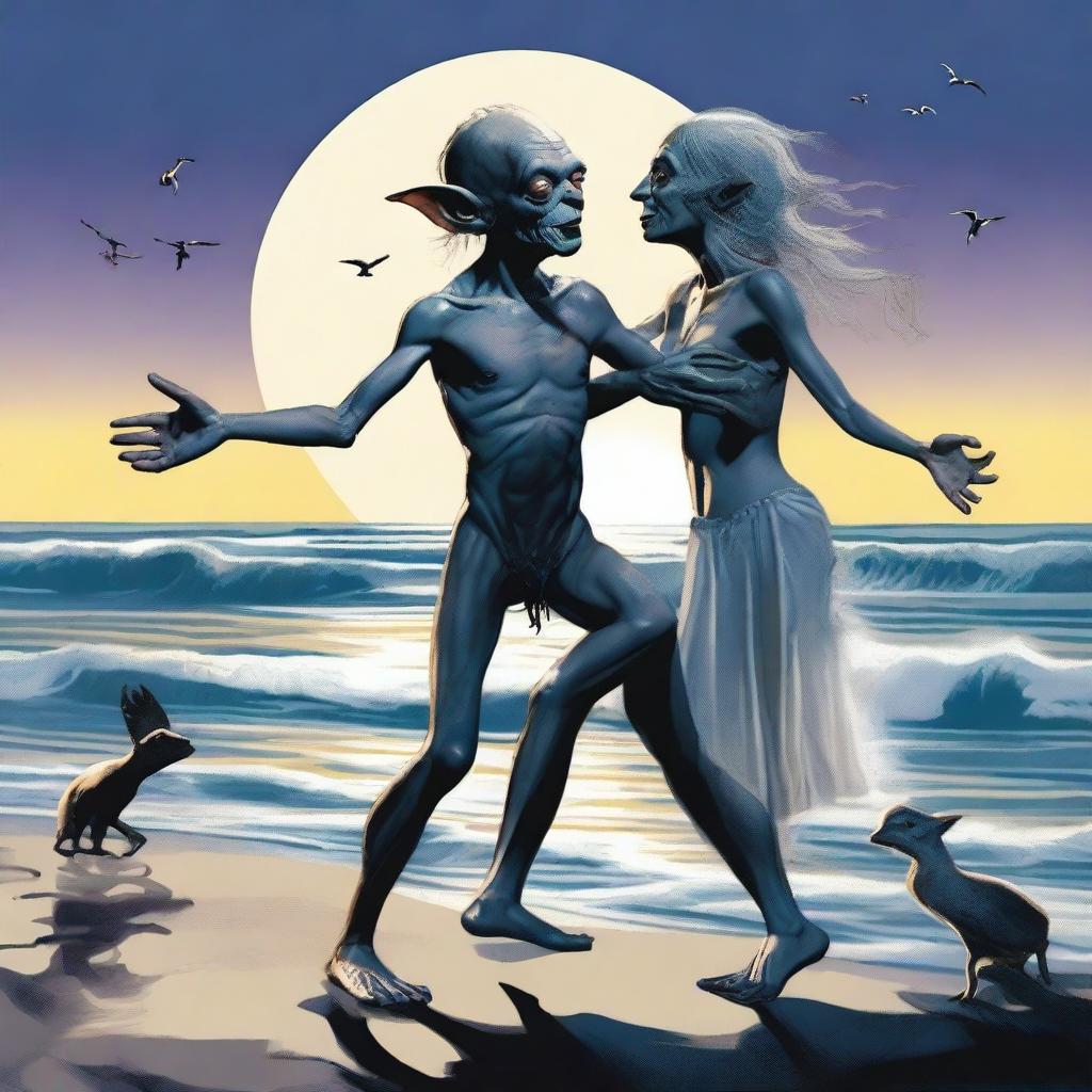 A whimsical and detailed image of Gollum from The Lord of the Rings dancing with a glamorous drag queen by the seaside under the moonlight