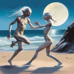 A whimsical and detailed image of Gollum from The Lord of the Rings dancing with a glamorous drag queen by the seaside under the moonlight