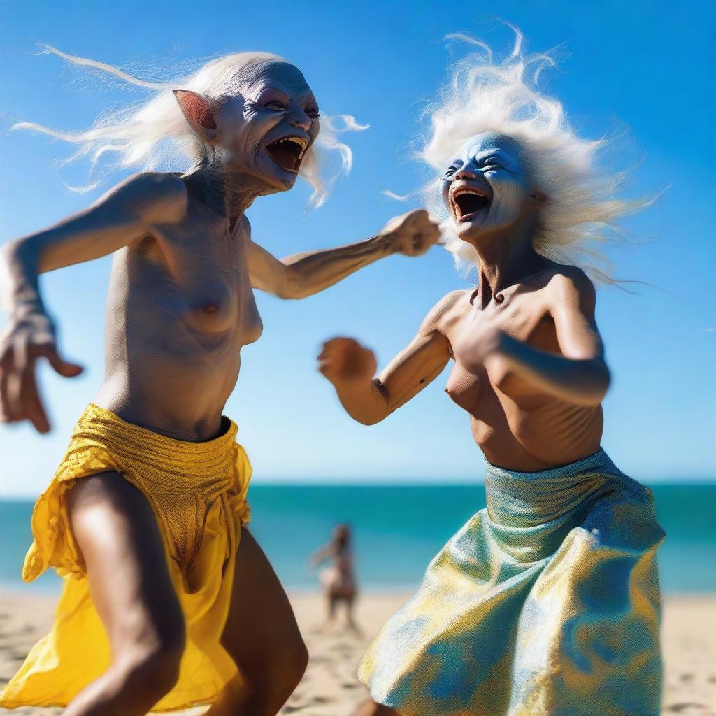 Gollum dancing with a Cuban drag queen by the seaside, under the bright sunshine