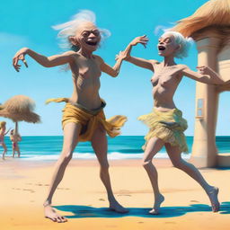 Gollum dancing with a Cuban drag queen by the seaside, under the bright sunshine