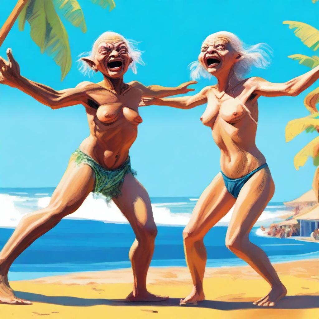 Gollum dancing with a Cuban drag queen by the seaside, under the bright sunshine