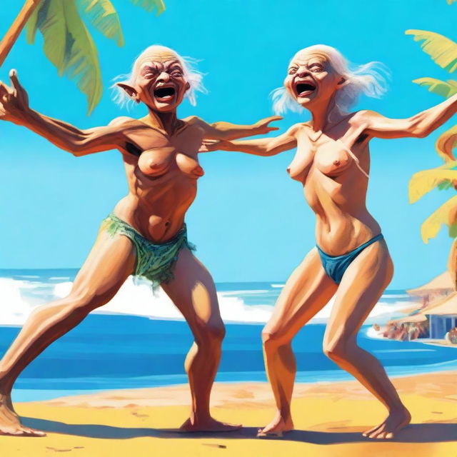 Gollum dancing with a Cuban drag queen by the seaside, under the bright sunshine