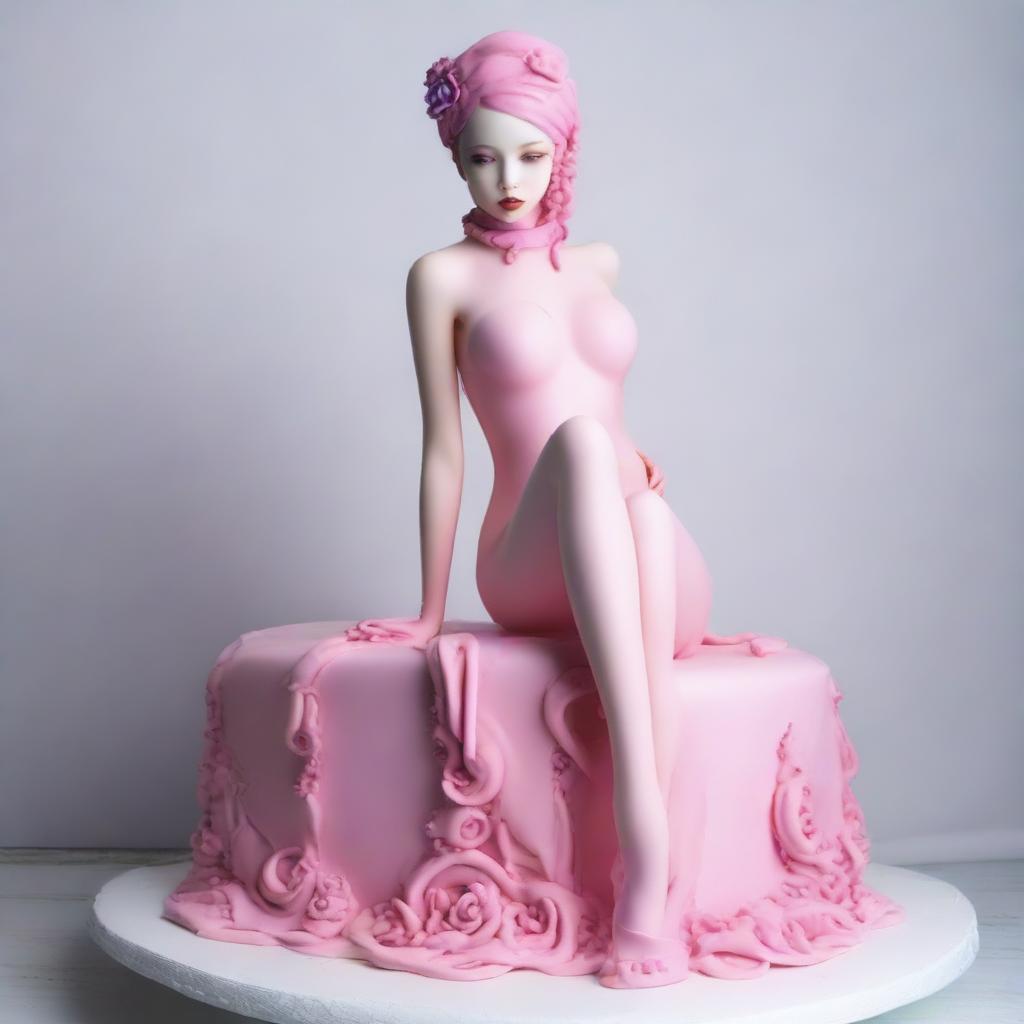 Create an image of an imperfect latex girl who is half cake