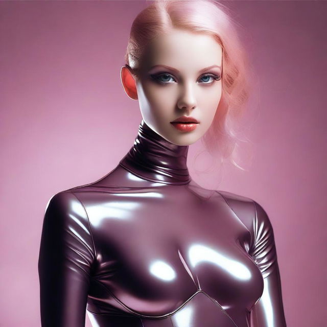 Create an image of a latex-clad girl with romantic eyes, appearing to be lost in a dream