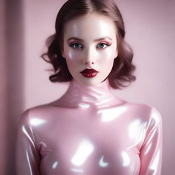 Create an image of a latex-clad girl with romantic eyes, appearing to be lost in a dream