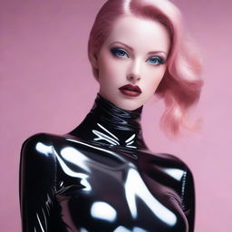 Create an image of a latex-clad girl with romantic eyes, appearing to be lost in a dream