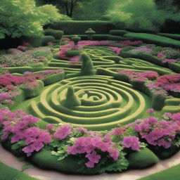 Create an image of a romantic garden featuring a labyrinth of flowers