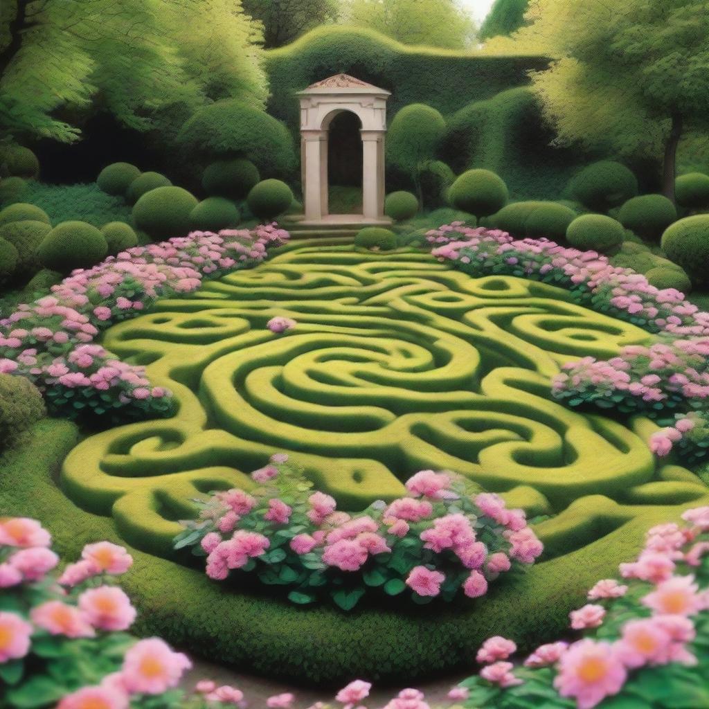 Create an image of a romantic garden featuring a labyrinth of flowers