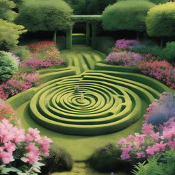 Create an image of a romantic garden featuring a labyrinth of flowers