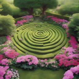 Create an image of a romantic garden featuring a labyrinth of flowers