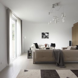 A modern, spacious apartment with a sleek contemporary design style, including minimalist furniture and high-end finish