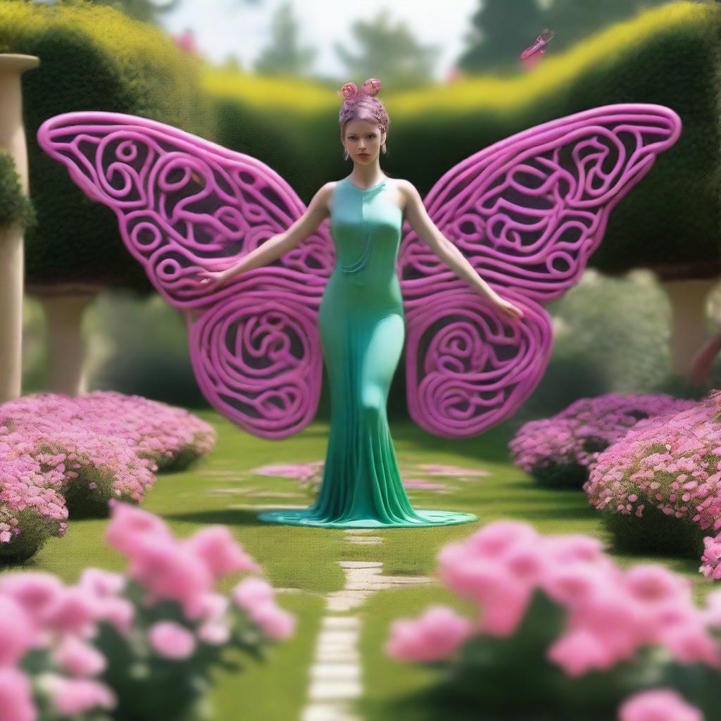 Create a realistic photo of a romantic garden featuring a labyrinth of flowers