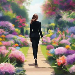 Create an image of a girl in a black suit walking inside a romantic garden filled with flowers