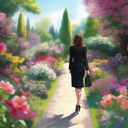 Create an image of a girl in a black suit walking inside a romantic garden filled with flowers