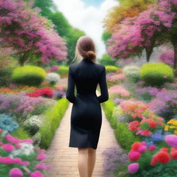 Create an image of a girl in a black suit walking inside a romantic garden filled with flowers