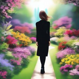 Create an image of a girl in a black suit walking inside a romantic garden filled with flowers