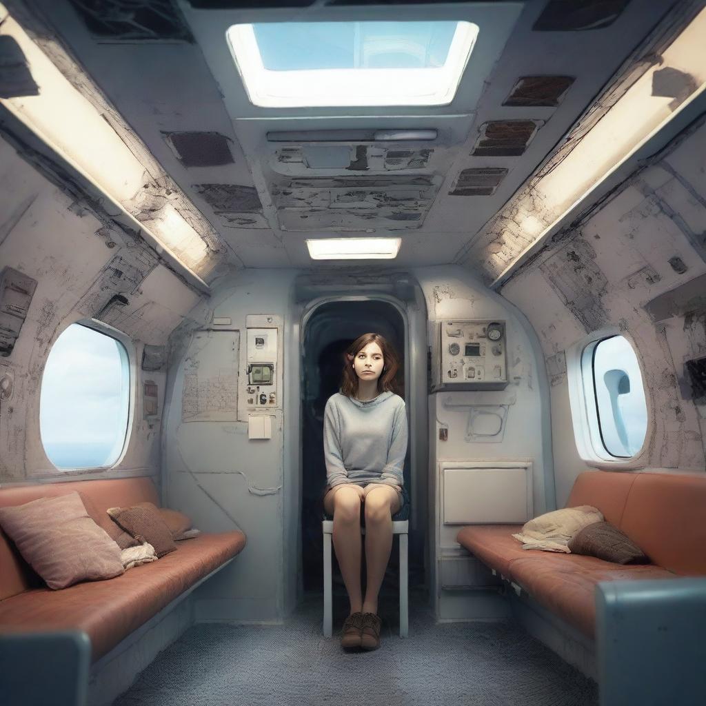 Depict a teenage Eastern girl living in an airplane on autopilot in a universe where global warming has ruined the planet