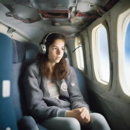 Depict a teenage Eastern girl living in an airplane on autopilot in a universe where global warming has ruined the planet