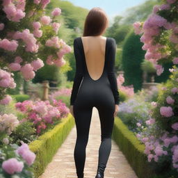 Create an image showing the back view of a girl in a black catsuit walking inside a romantic garden filled with flowers