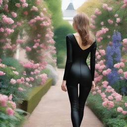 Create an image showing the back view of a girl in a black catsuit walking inside a romantic garden filled with flowers