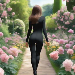 Create an image showing the back view of a girl in a black catsuit walking inside a romantic garden filled with flowers