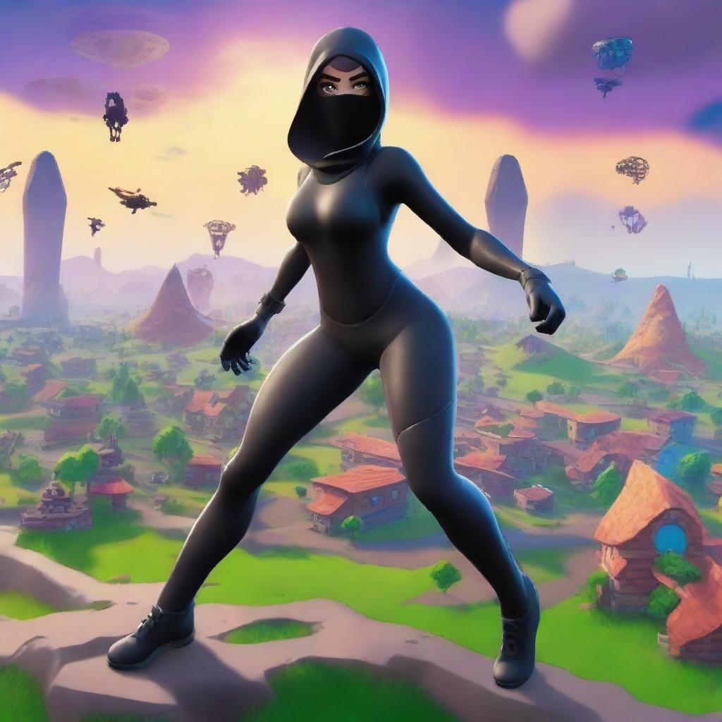 Create an image of a girl in a black catsuit running inside the Fortnite universe