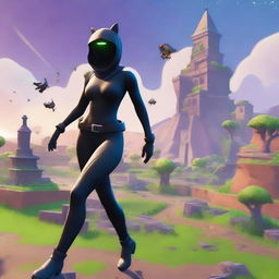 Create an image of a girl in a black catsuit running inside the Fortnite universe