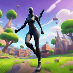 Create an image of a girl in a black catsuit running inside the Fortnite universe