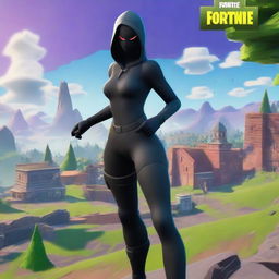 Create an image of a girl in a black catsuit running inside the Fortnite universe