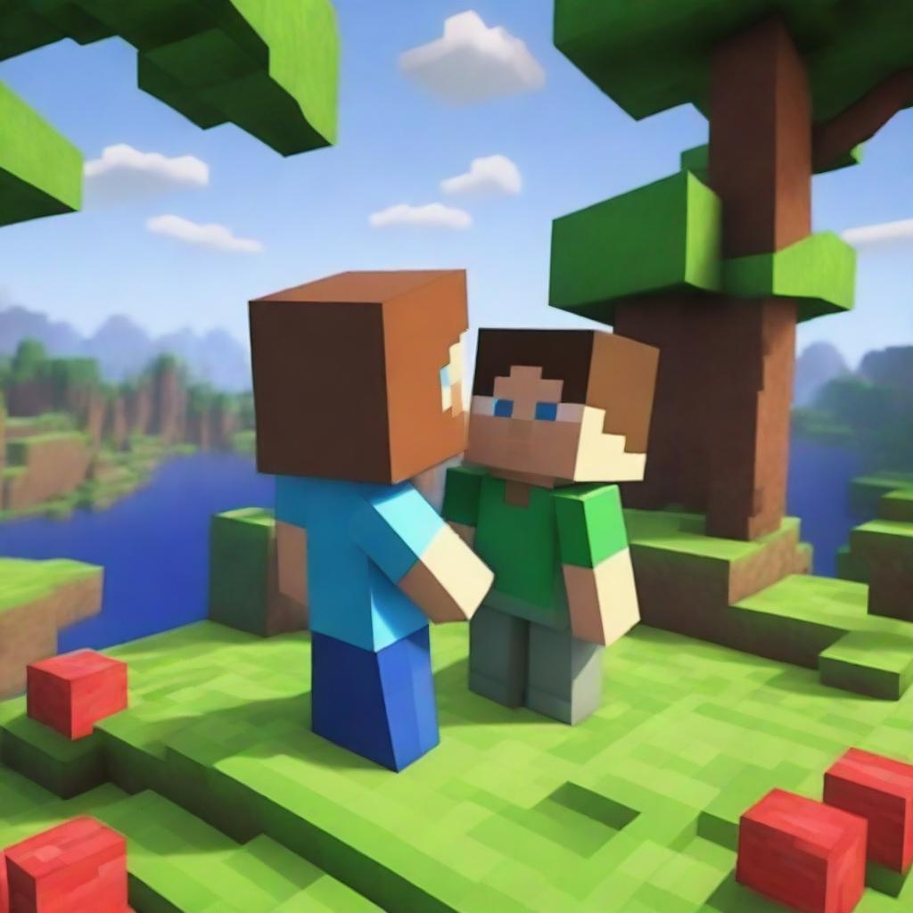 Create an image featuring two Minecraft characters sharing a kiss