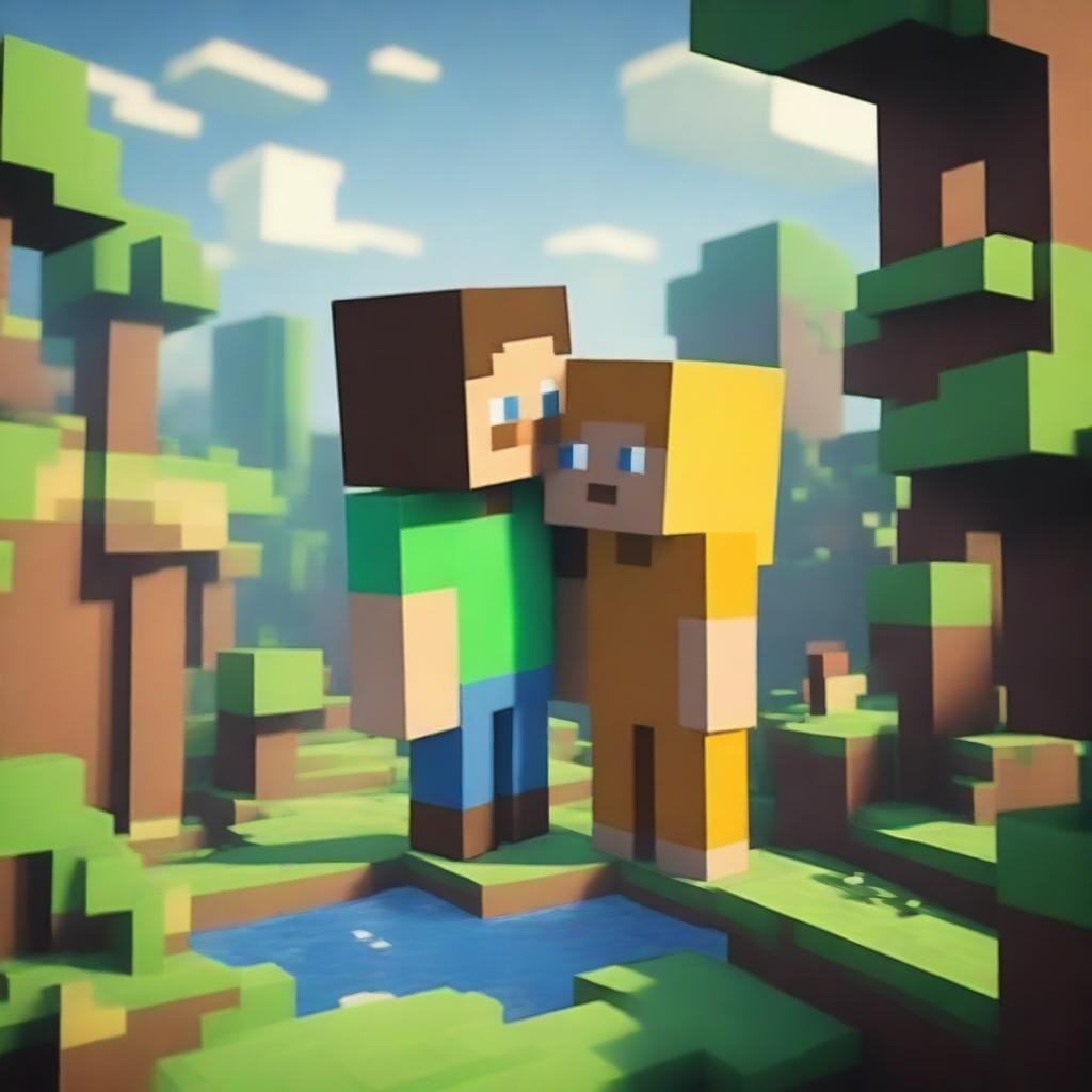 Create an image featuring two Minecraft characters sharing a kiss