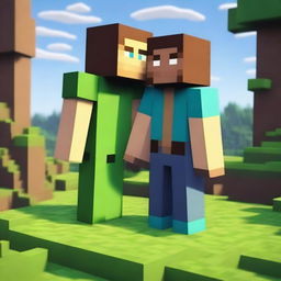 Create an image featuring two Minecraft characters sharing a kiss