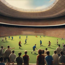 Create an image of a soccer game taking place inside a stadium, rendered in the painting style of Leonardo da Vinci