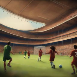 Create an image of a soccer game taking place inside a stadium, rendered in the painting style of Leonardo da Vinci