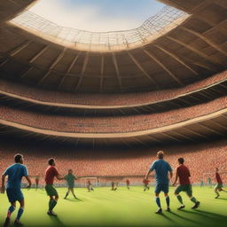 Create an image of a soccer game taking place inside a stadium, rendered in the painting style of Leonardo da Vinci