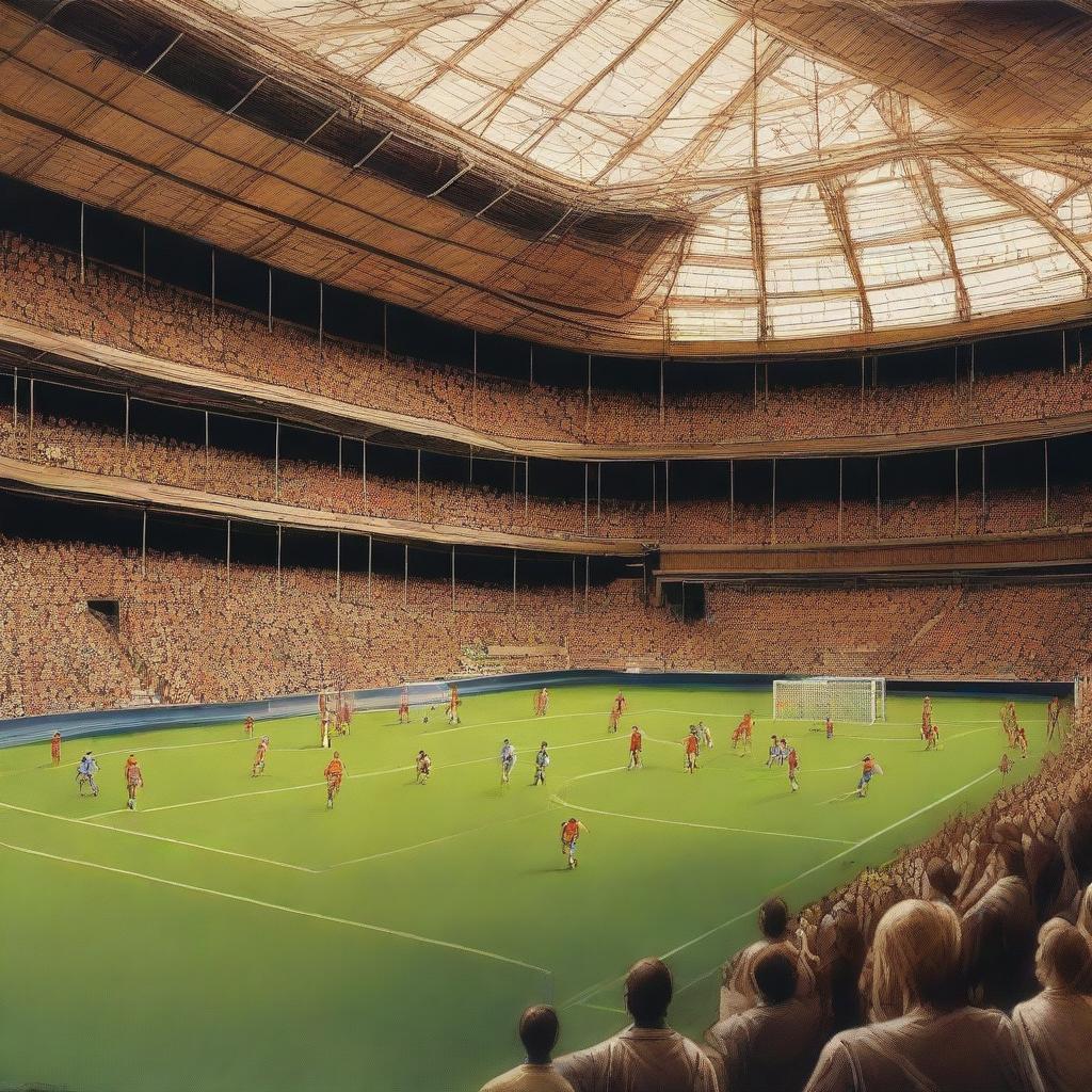 Create an image of a soccer game taking place inside a stadium, rendered in the painting style of Leonardo da Vinci