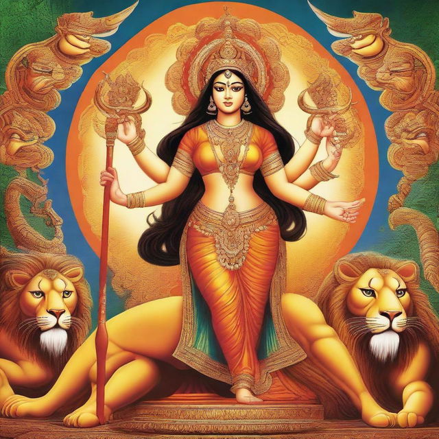 A majestic depiction of Goddess Durga, adorned in traditional attire with multiple arms holding various weapons and symbols