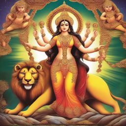 A majestic depiction of Goddess Durga, adorned in traditional attire with multiple arms holding various weapons and symbols