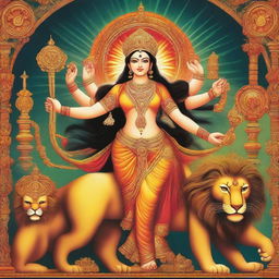 A majestic depiction of Goddess Durga, adorned in traditional attire with multiple arms holding various weapons and symbols