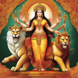 A majestic yet respectfully depicted Goddess Durga, adorned in traditional attire with multiple arms holding various weapons and symbols