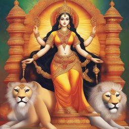 A majestic yet respectfully depicted Goddess Durga, adorned in traditional attire with multiple arms holding various weapons and symbols