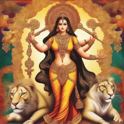 A majestic yet respectfully depicted Goddess Durga, adorned in traditional attire with multiple arms holding various weapons and symbols