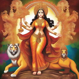 A majestic yet respectfully depicted Goddess Durga, adorned in traditional attire with multiple arms holding various weapons and symbols