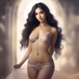 A light-skinned goddess wearing elegant lingerie, posing gracefully