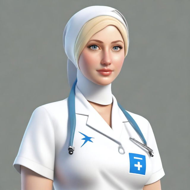 A realistic depiction of a white female with blonde hair and blue eyes, wearing a white tight short nurse dress and a hijab