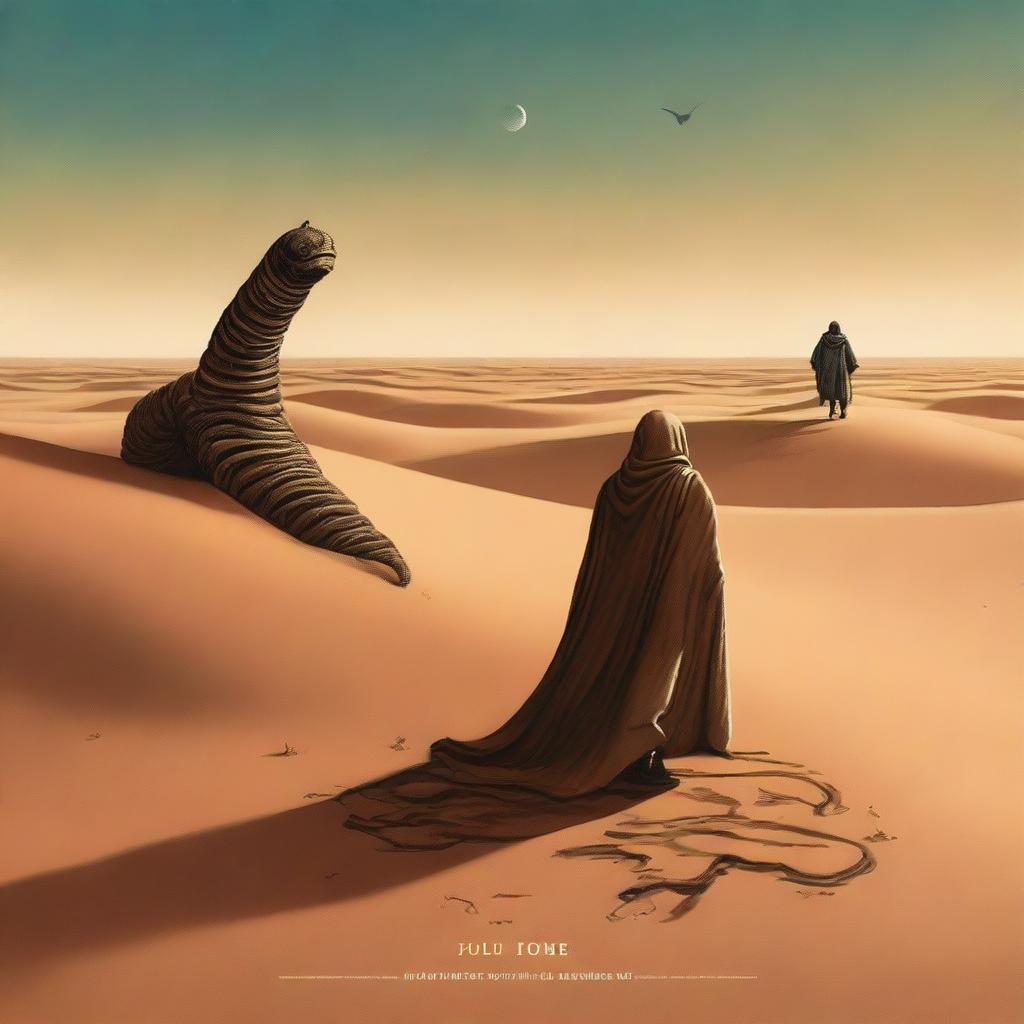 The cover features a desolate desert landscape with a giant worm creature standing tall in the foreground