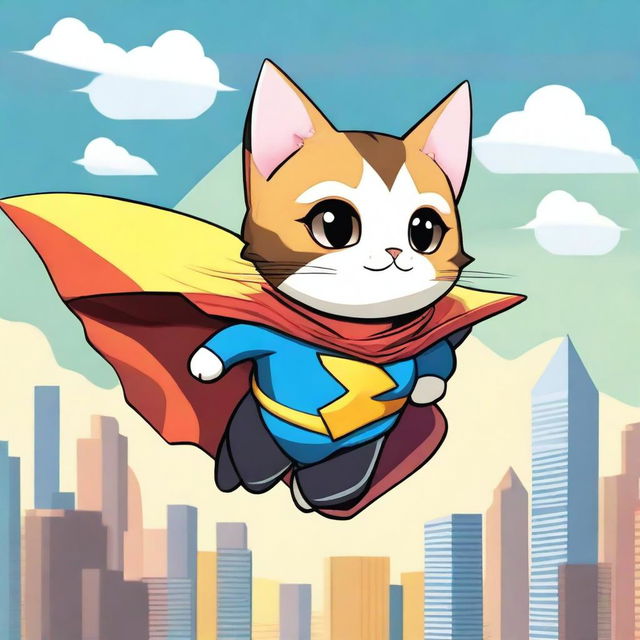 A super neko, a superhero cat, flying through the sky with a cape fluttering behind