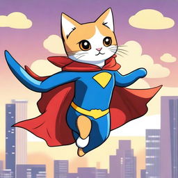 A super neko, a superhero cat, flying through the sky with a cape fluttering behind